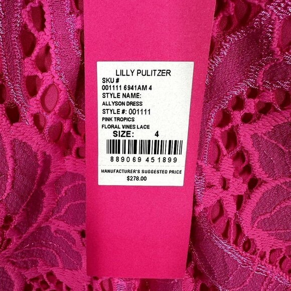 NWT $278 Lilly Pulitzer Allyson Dress Hot Pink Lace Floral Overlay Size 4 - Picture 10 of 17